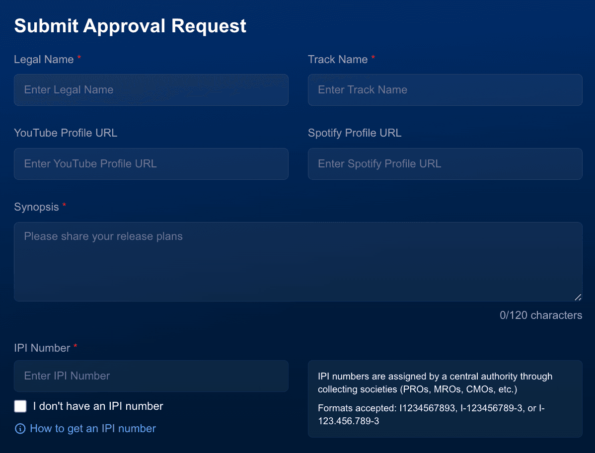 Approval request form showing fields for Legal Name, Track YouTube and Spotify URLs, Synopsis