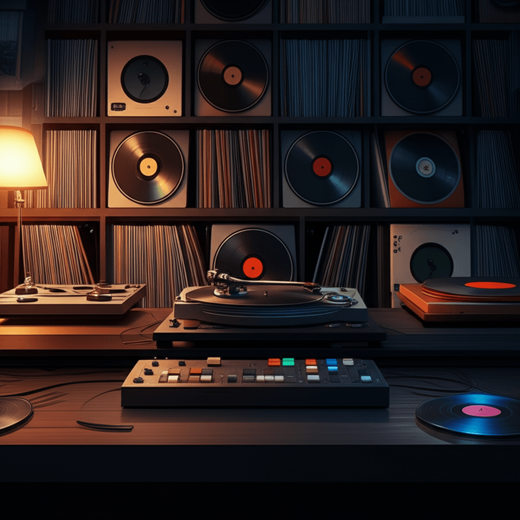 Vinyl records and studio gear illustrating the future of music sampling